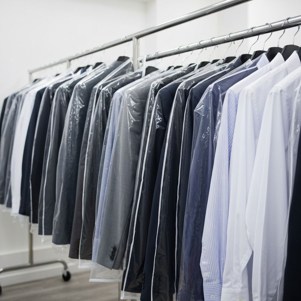 Freshly dry-cleaned suits and formal garments in protective bags on a rack