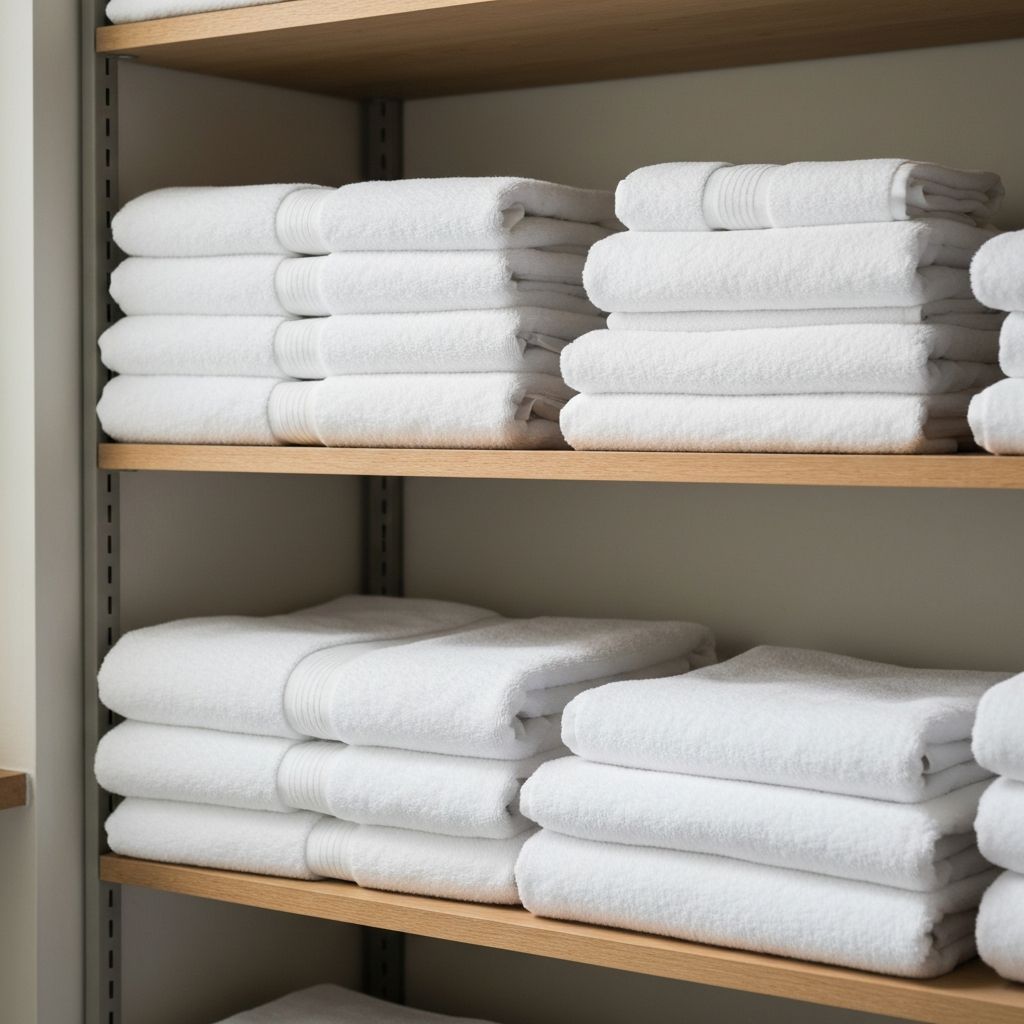 Neatly folded and stacked freshly laundered white towels and bed linens